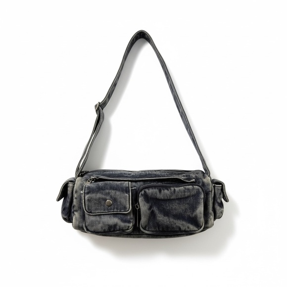 Vintage Handbags - Y2K Denim Shoulder Bag Blue Faded Zip Top Multi Pocket Medium Retro 90s